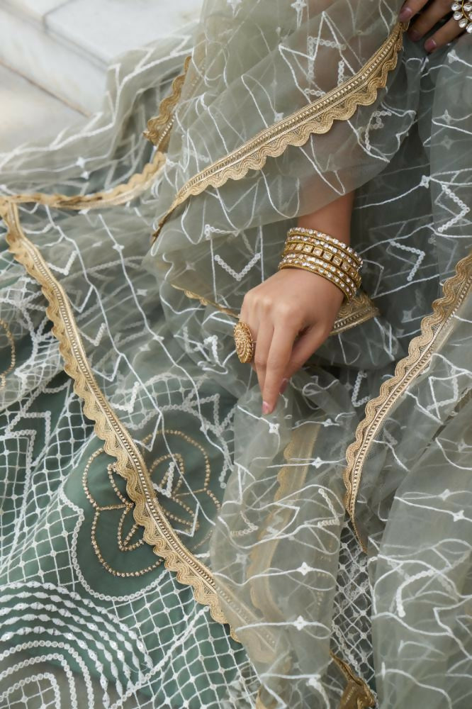 Aastha Fashion Dusty Green Butterfly Net White Cotton Thread Work And Sequence Work Embroidery Wedding Wear Lehenga Choli
