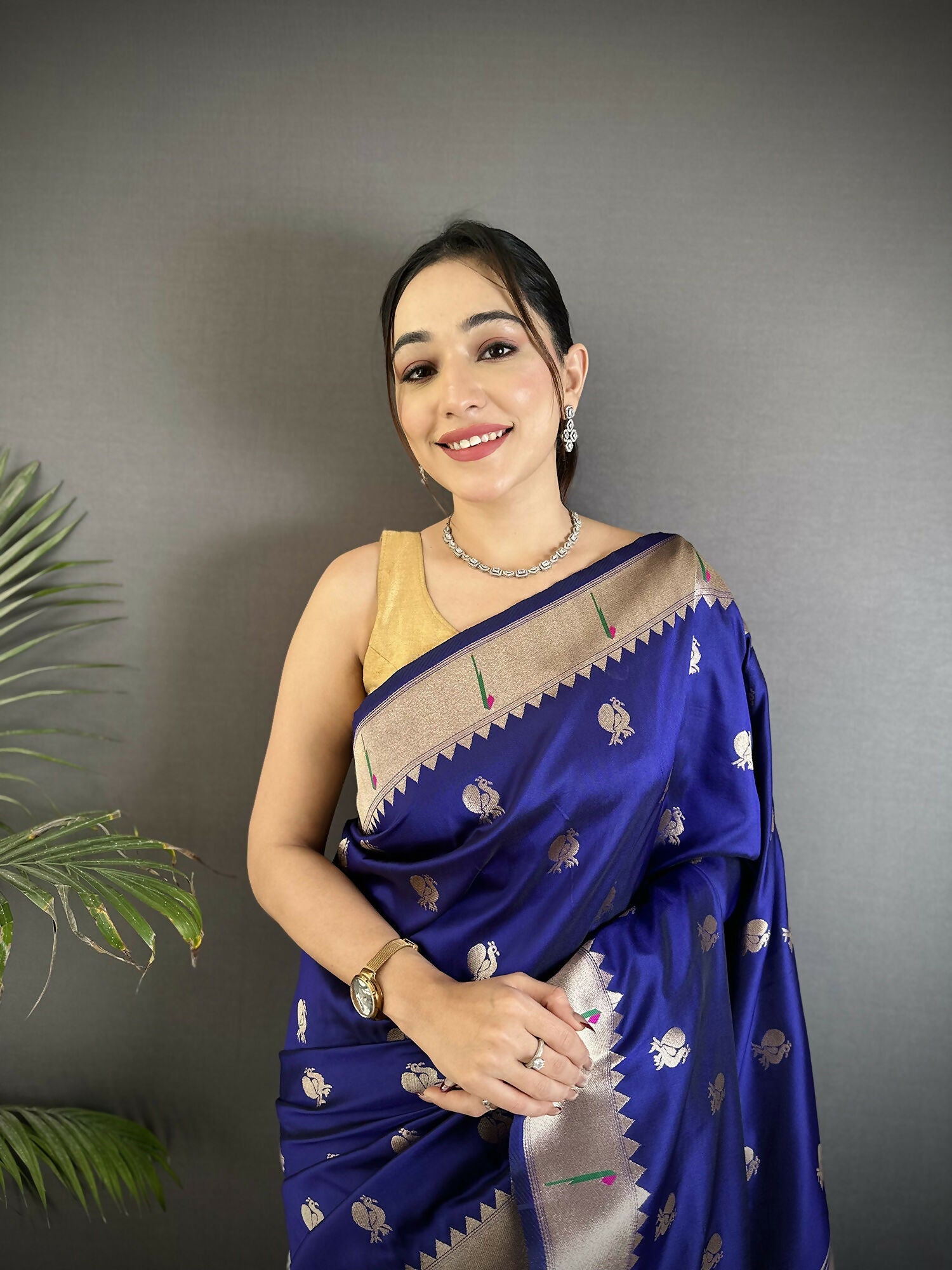 Joban Fashion Royal Blue Peacock & Floral Motifs Soft Silk Kanchipuram Saree