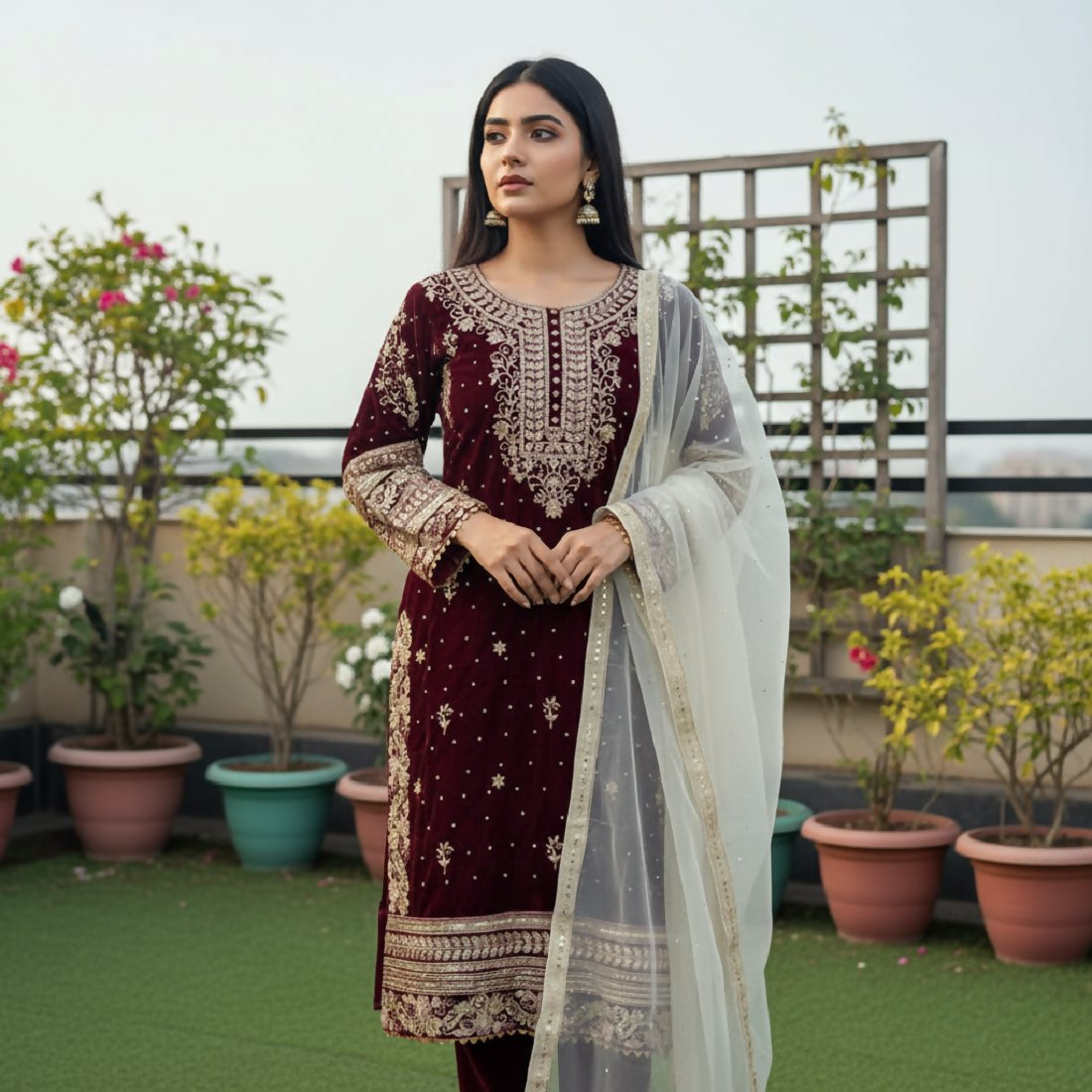 Joban Fashion Maroon Kurta Set Velvet Embroidery Sequence Work