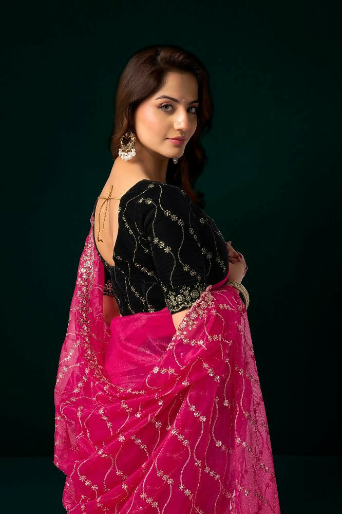 Joban Fashion Rani Pink Net Party Wear Sarees