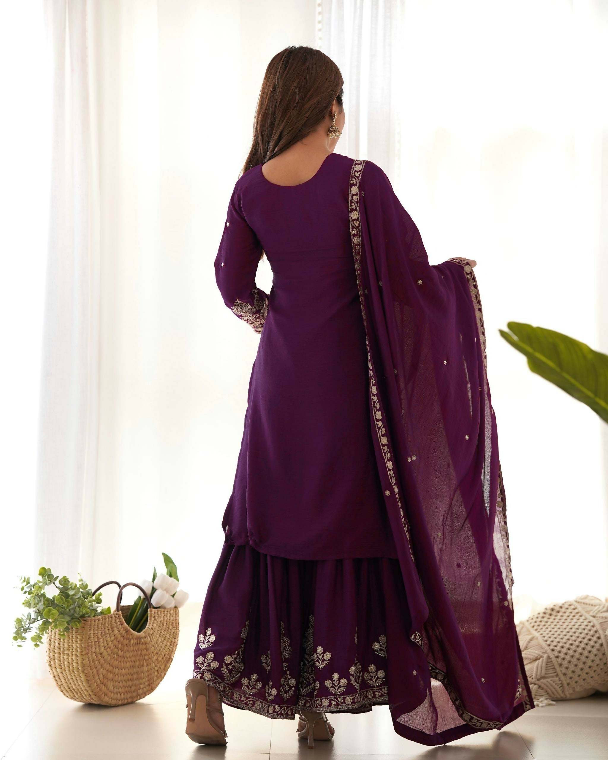 Teeya Creation Purple Color Chinon Silk Embroidery Work Wedding Wear Palazzo Set