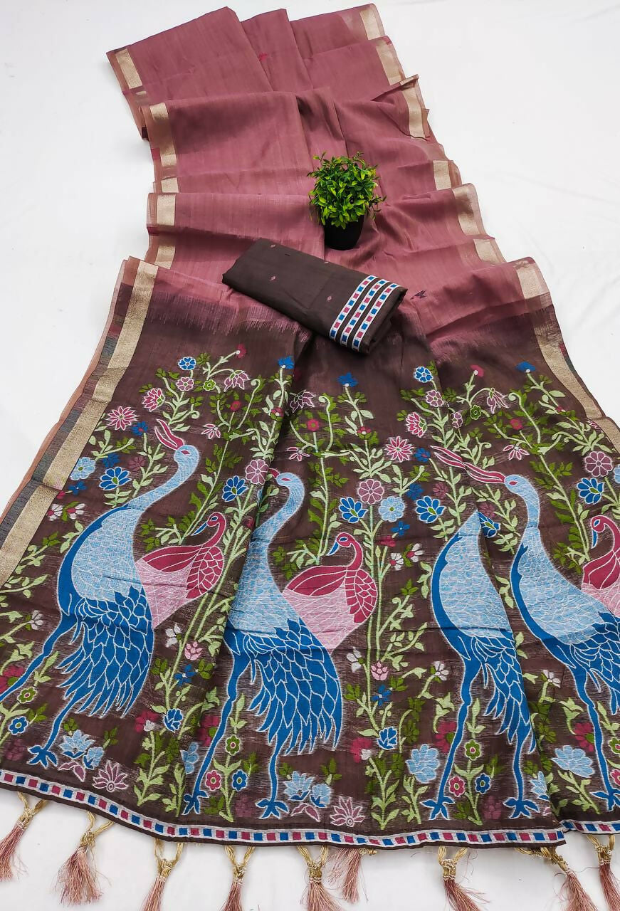 Vastranavya Mauve Muga Cotton Meenakari & Azarakh Pallu Saree with Contrast Blouse