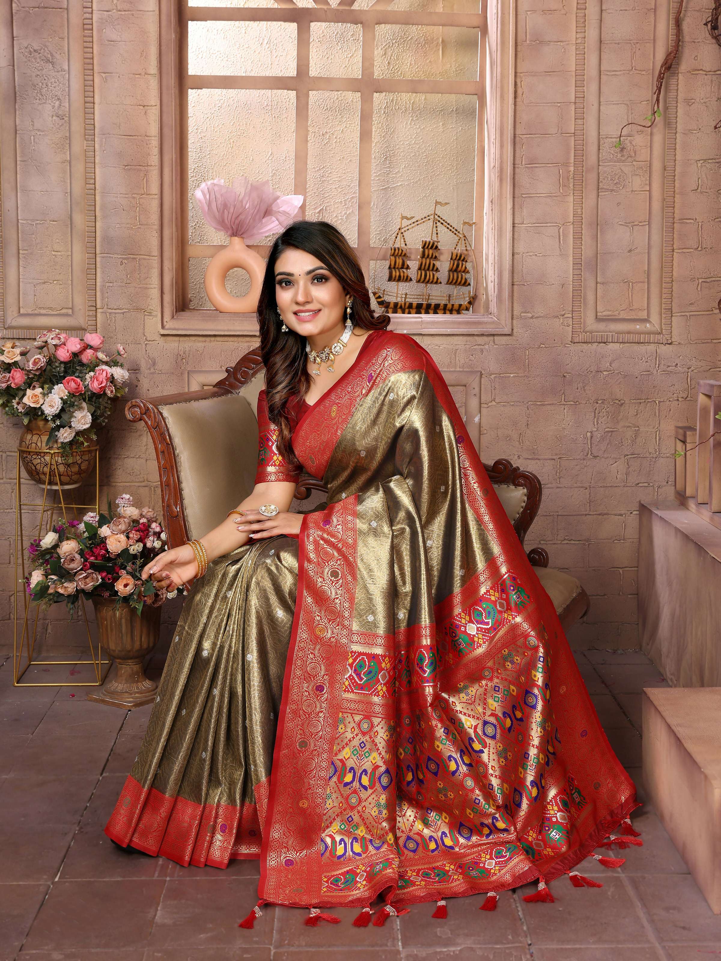 Aastha Fashion Brown Banarasi Tissue Silk Weaving Saree