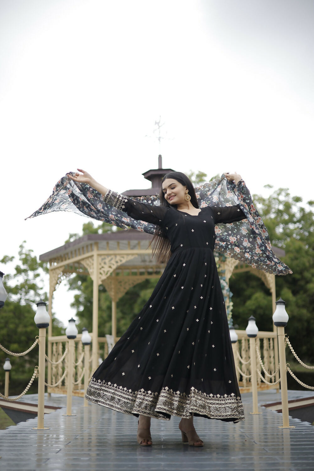 Aayaa Designer Embroidery Zari Sequins-Work Faux Blooming Georgette Suit - Black
