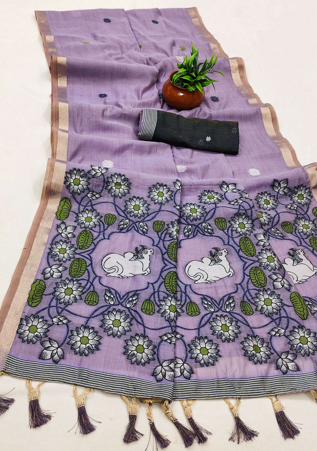Vastranavya Lavender Muga Cotton Meenakari & Azarakh Pallu Saree with Contrast Blouse