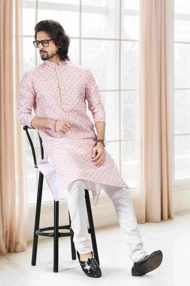 Raivat Ethnic Cotton Thread Work Kurta Pajama In Baby Pink Colour