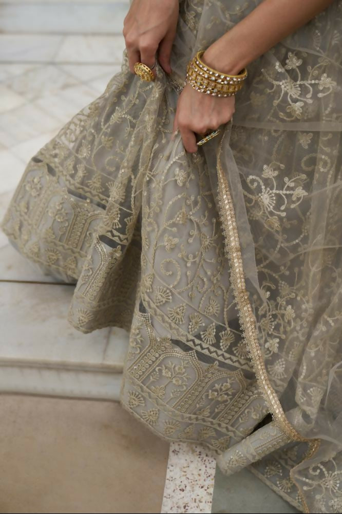 Aastha Fashion Ivory Butterfly Net Tone To Tone Cotton Thread Work And Sequence Work Embroidery Wedding Wear Lehenga Choli