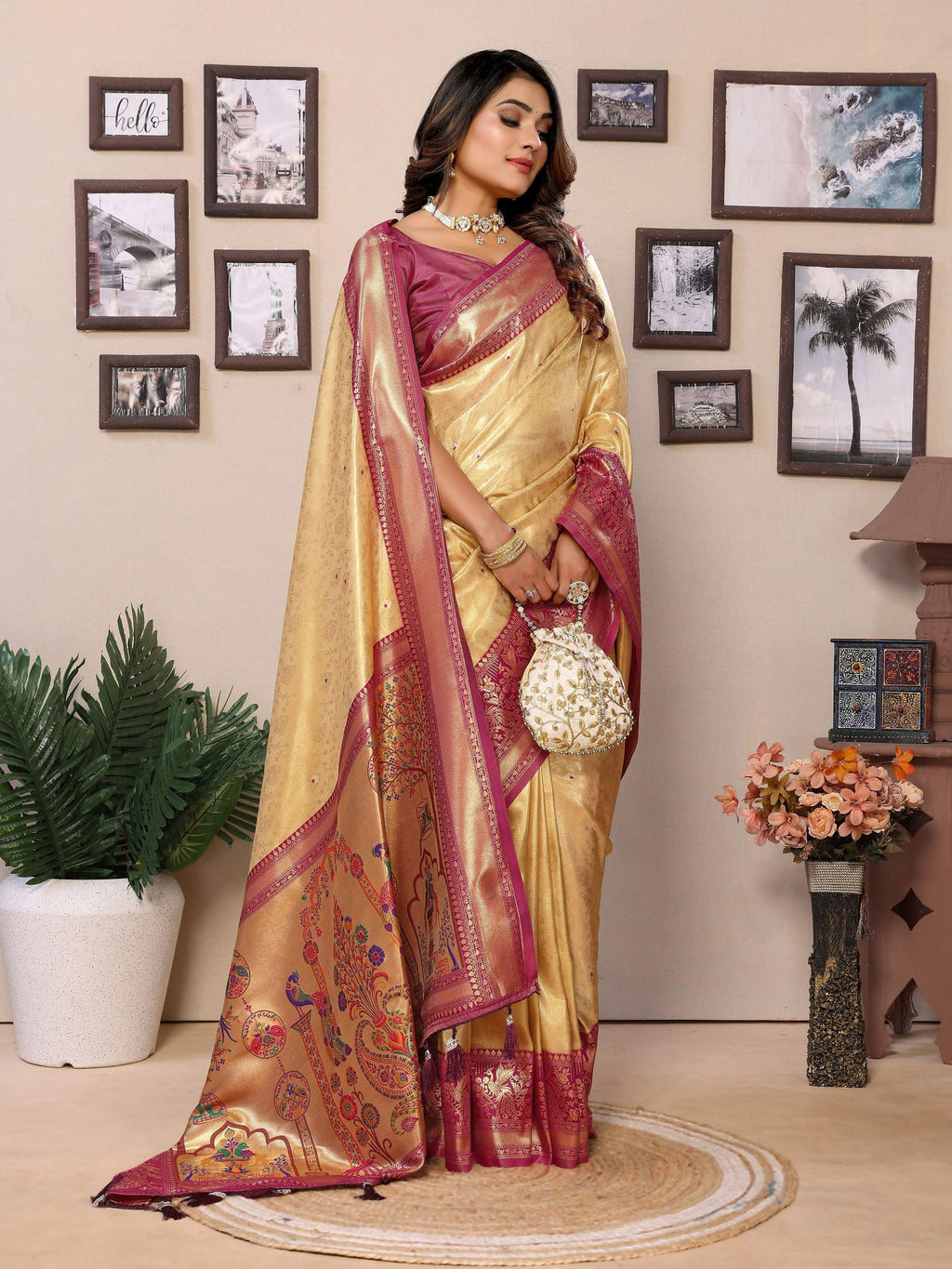 Aastha Fashion Cream Tissue Silk Weaving Saree