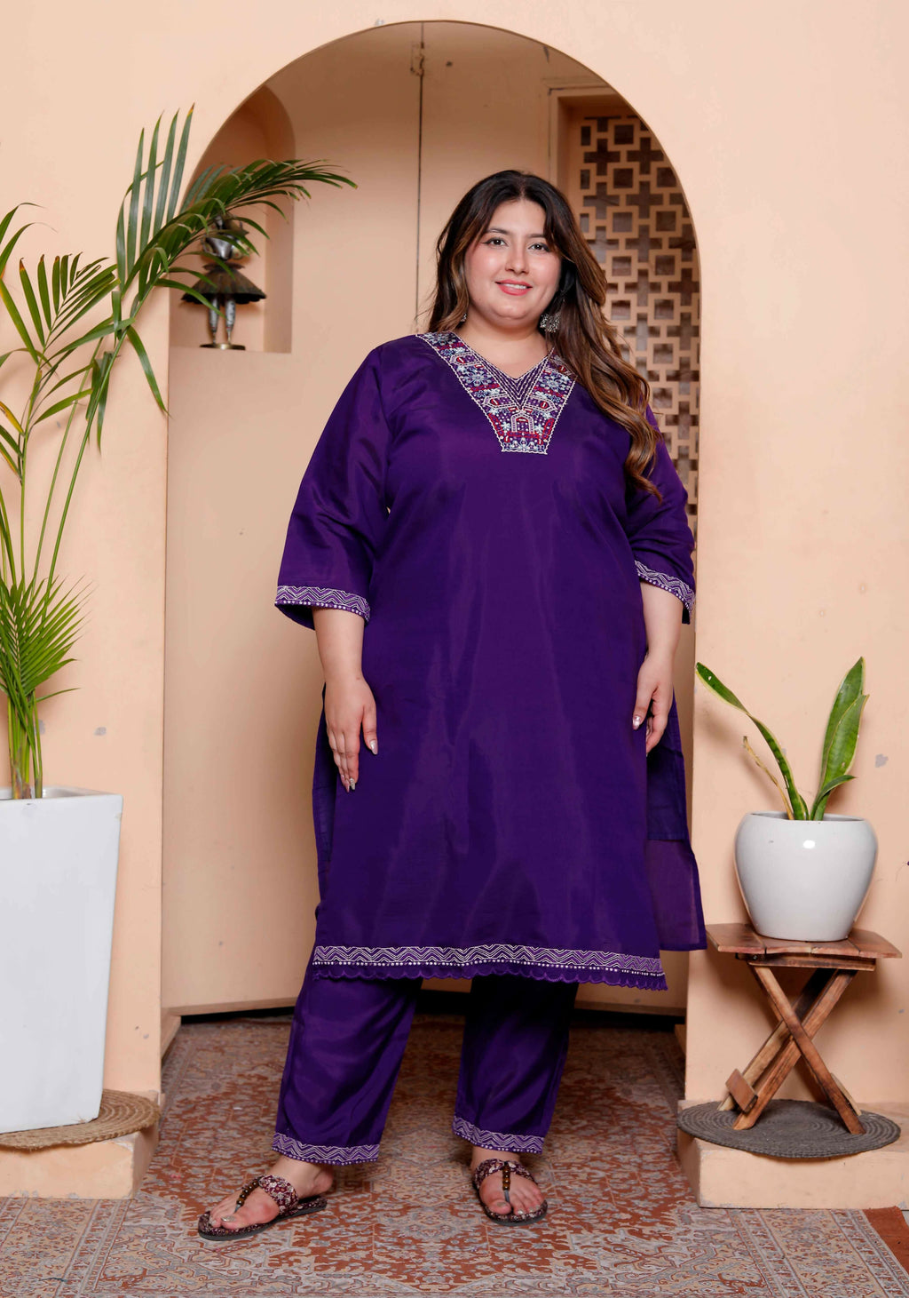 Miravan Women's Plus Size Purple Muslin Straight kurta and palazzo with dupatta Suit set