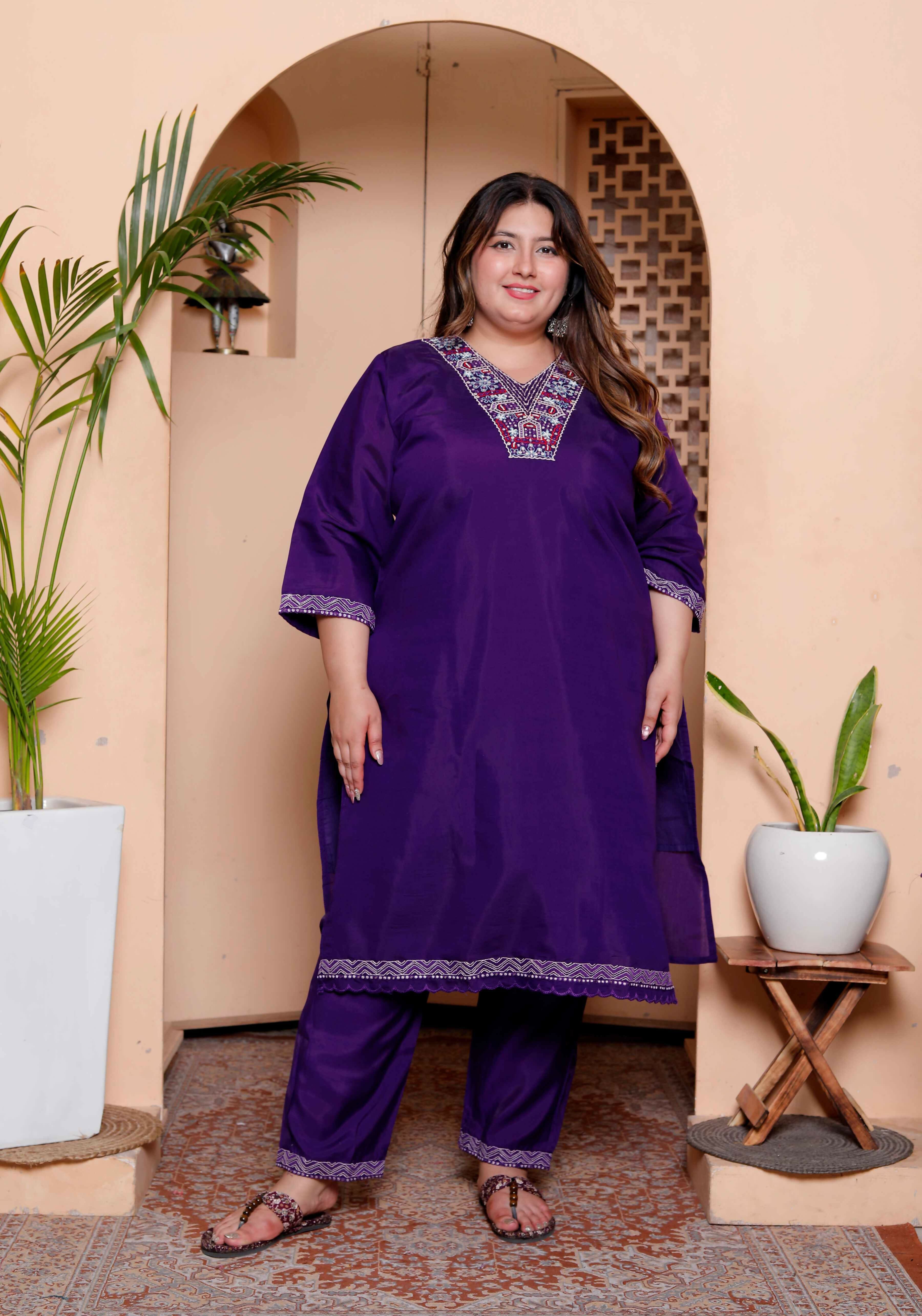 Miravan Women's Plus Size Purple Muslin Straight kurta and palazzo with dupatta Suit set