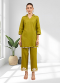 Joban Fashion Green Cotton, Linen Embroidered Readymade Cord Set