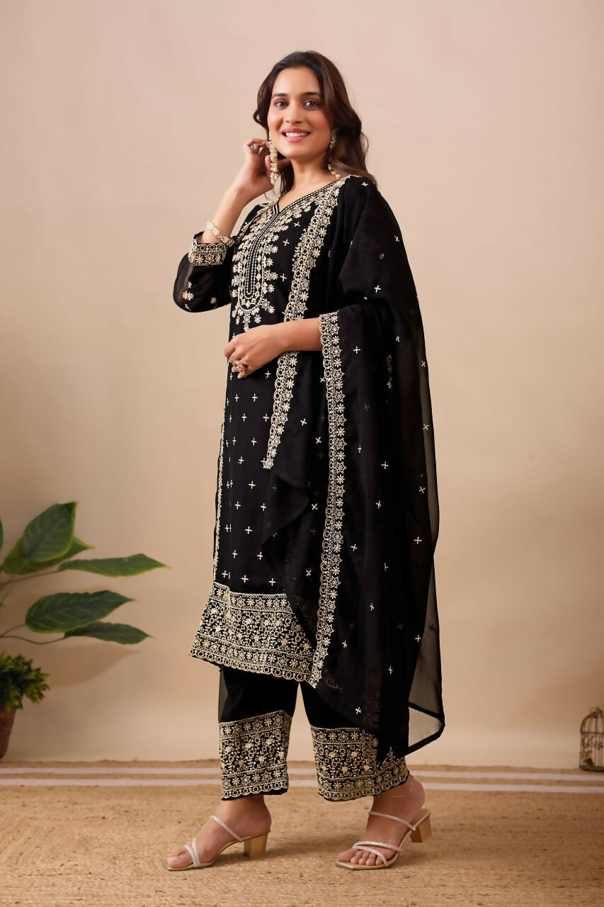Joban Fashion Black Kurta Set Velvet Embroidery Sequence Work