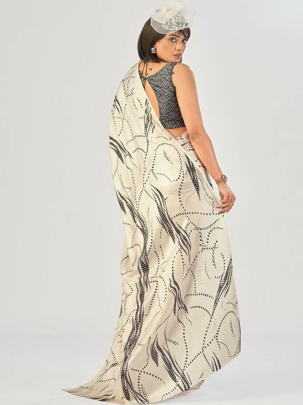 Vastranavya Off White Satin Silk Elegant Printed Saree with Unstitched Blouse