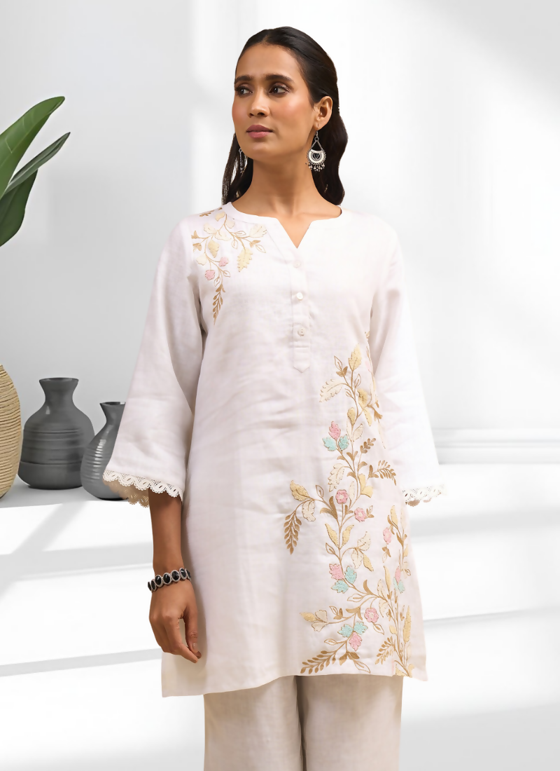 Joban Fashion Off White Linen Embroidered Readymade Cord Set
