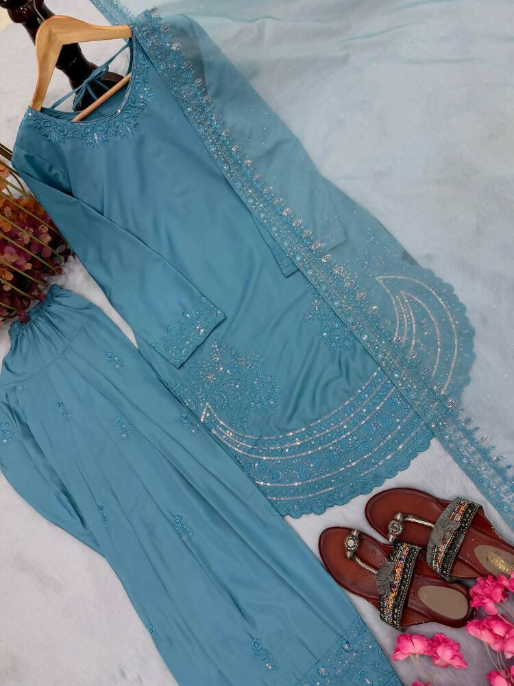 Teeya Creation Teal Color Natural Creap Silk Designer Fancy Party Wear Salwar Suit