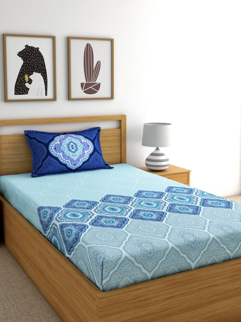 Dreamscape Blue & Turquoise Blue 140 TC Pure Cotton Bedsheet with Pillow Covers