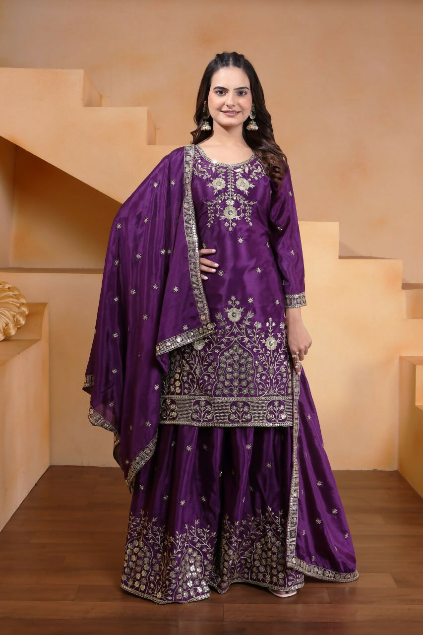 Teeya Creation Purple Chinon Embroidery Work Party Wear Palazzo Suit