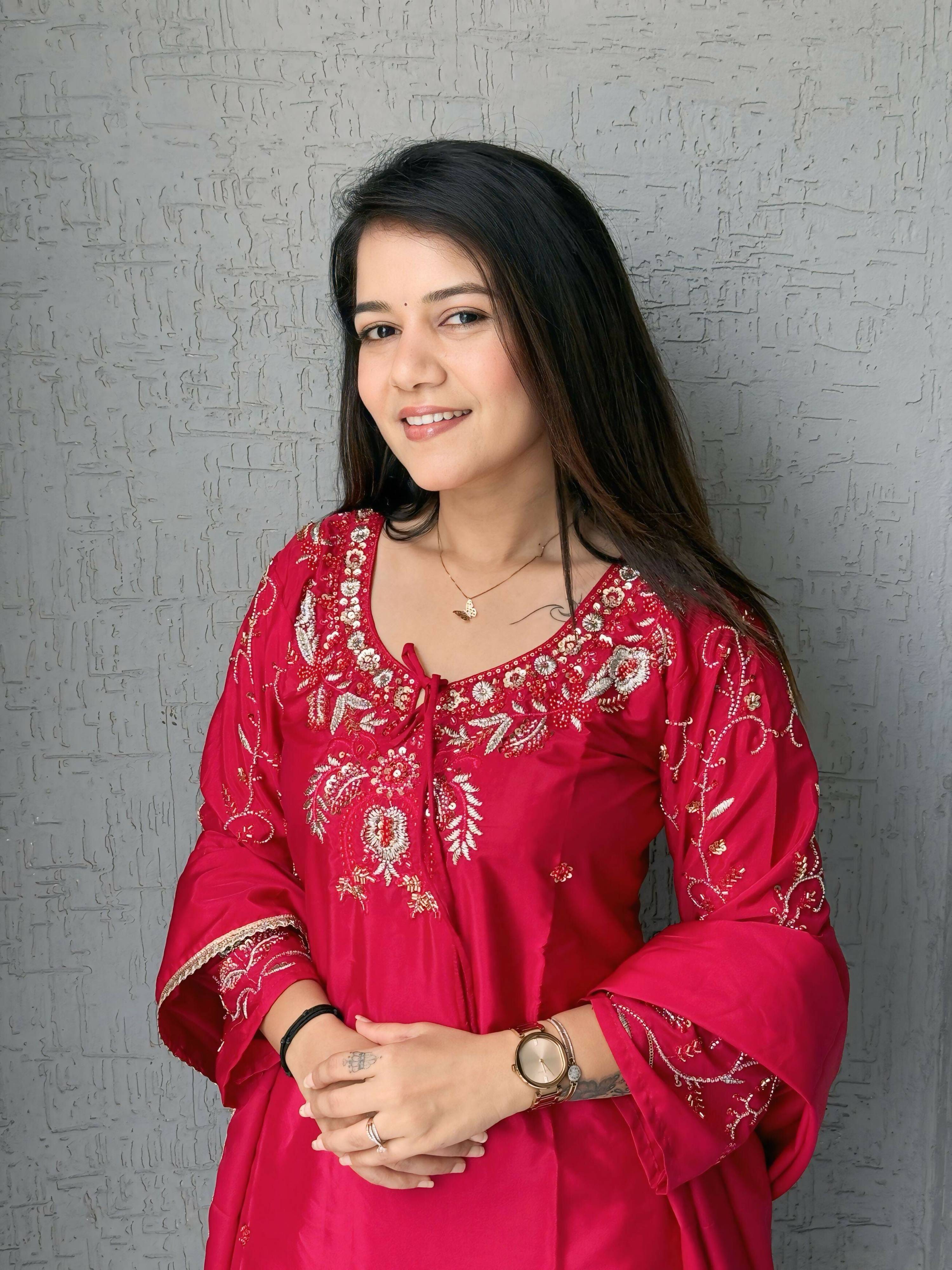 Anaita Red Crape Readymade Kurti Set with Beads Sequence Work