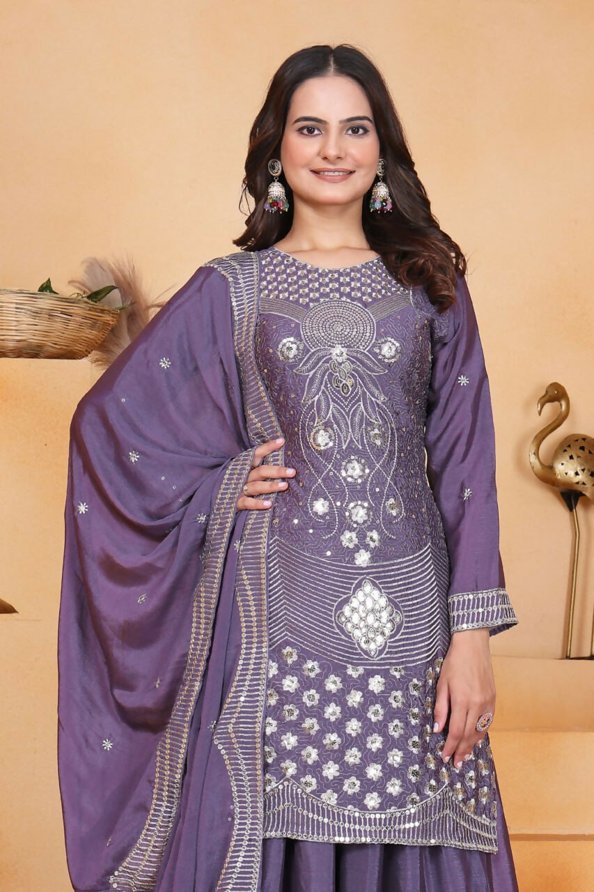 Joban Fashion Purple Silk Embroidered Sharara Set