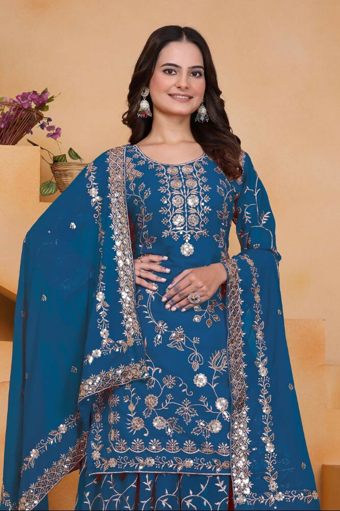Lehenga Mart Designer Sharara Suit With Kurta, Sharara, Dupatta For Women-Teal Blue