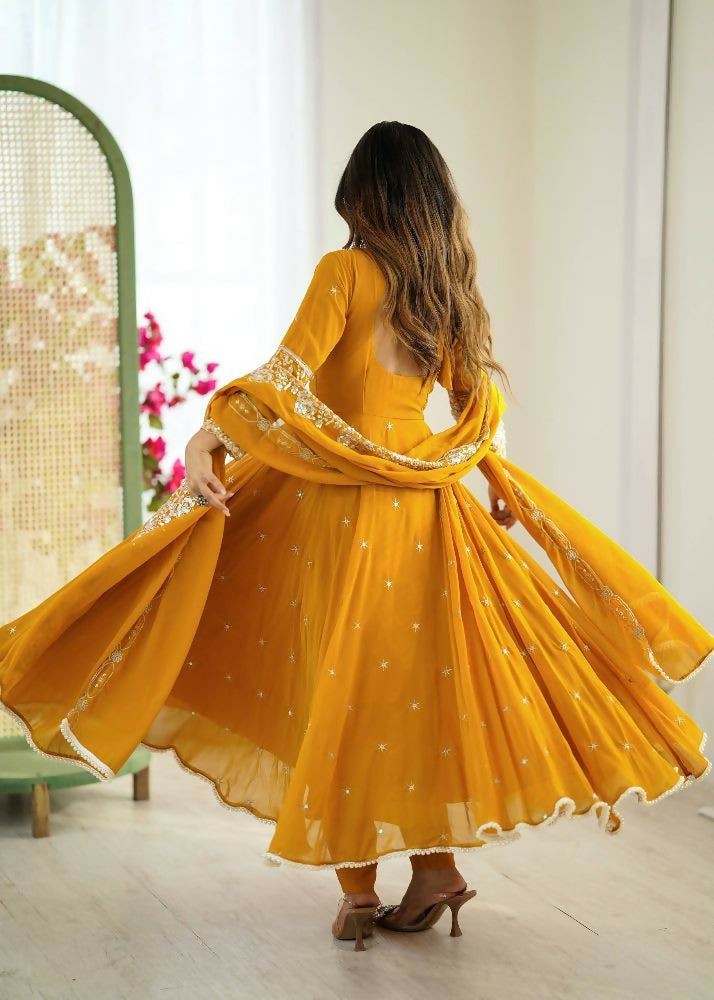 Teeya Creation Yellow Color Faux georgette Embroidery Work Wedding Wear Gown