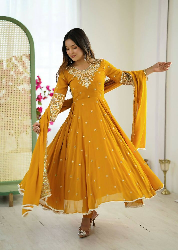 Teeya Creation Yellow Color Faux georgette Embroidery Work Wedding Wear Gown