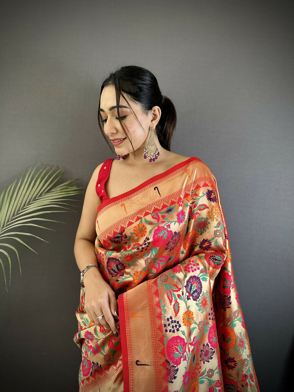 Joban Fashion Orange Floral & Potentially Peacock Soft Silk Paithani Saree
