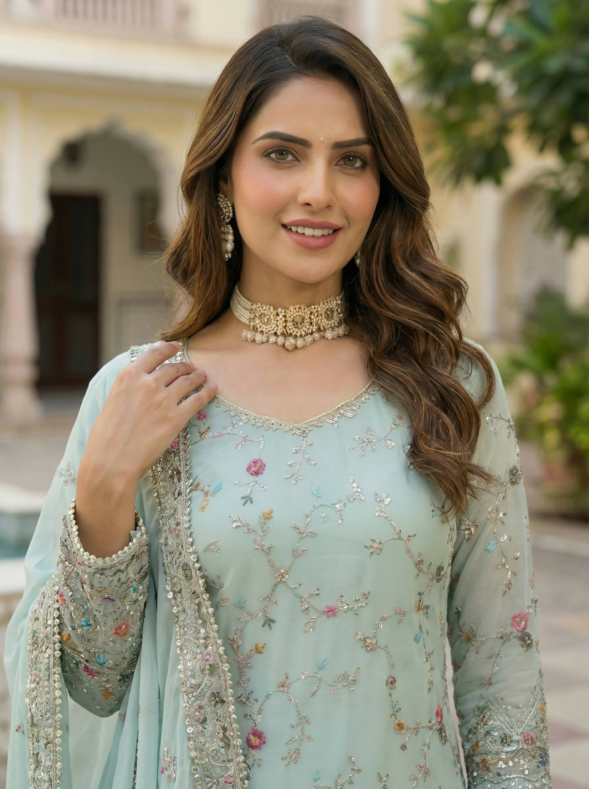 Joban Fashion Sky Georgette Embroidered Sharara Set