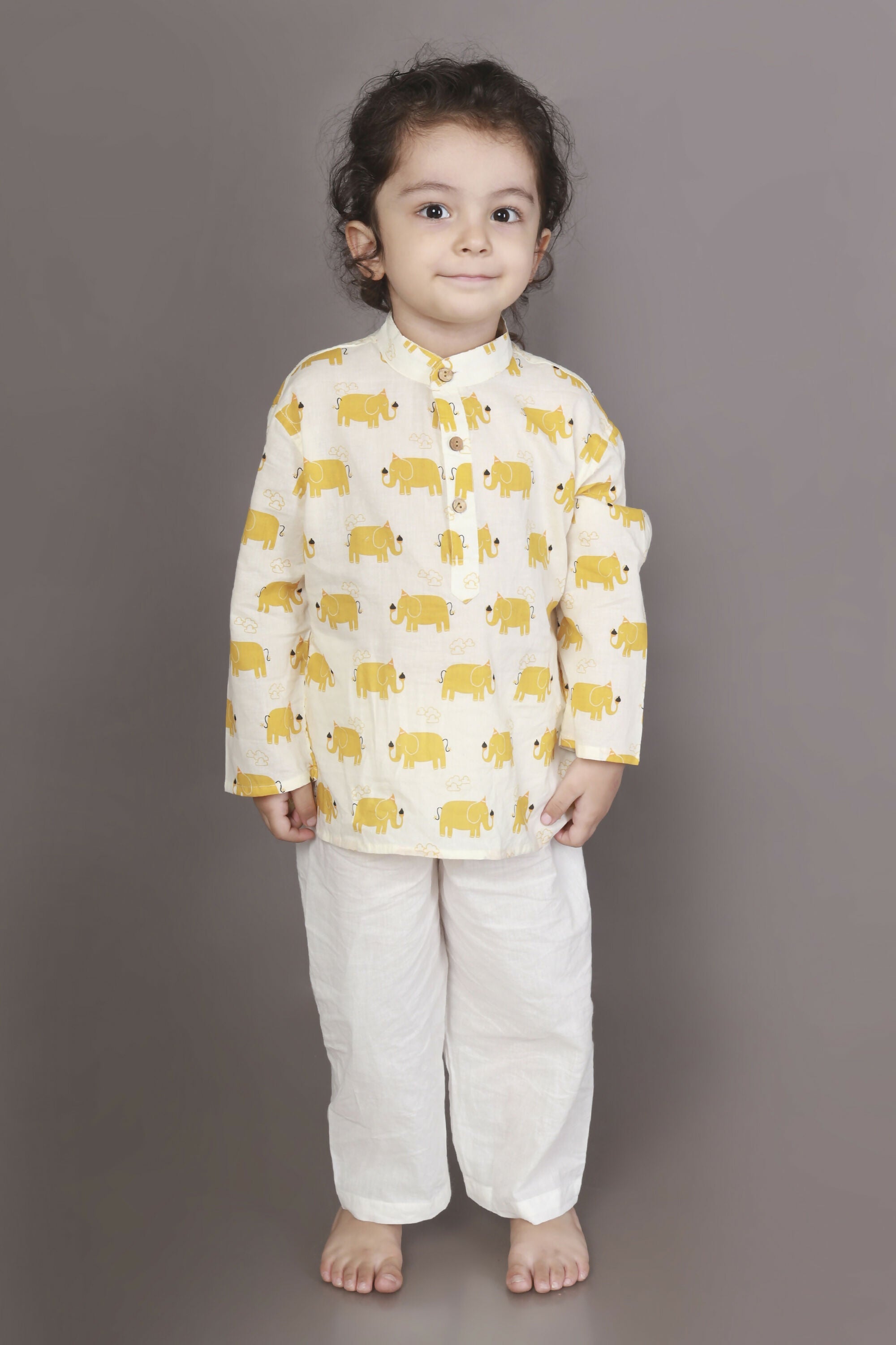 Breathables Kids Cotton Night Suit – Yellow Elephant Print Kurta & Pyjama Co-Ord Set For Boys & Girls