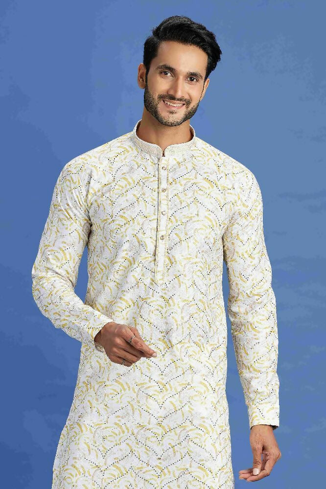 Raivat Ethnic Cotton Embroidery Kurta Pajama In Yellow Colour