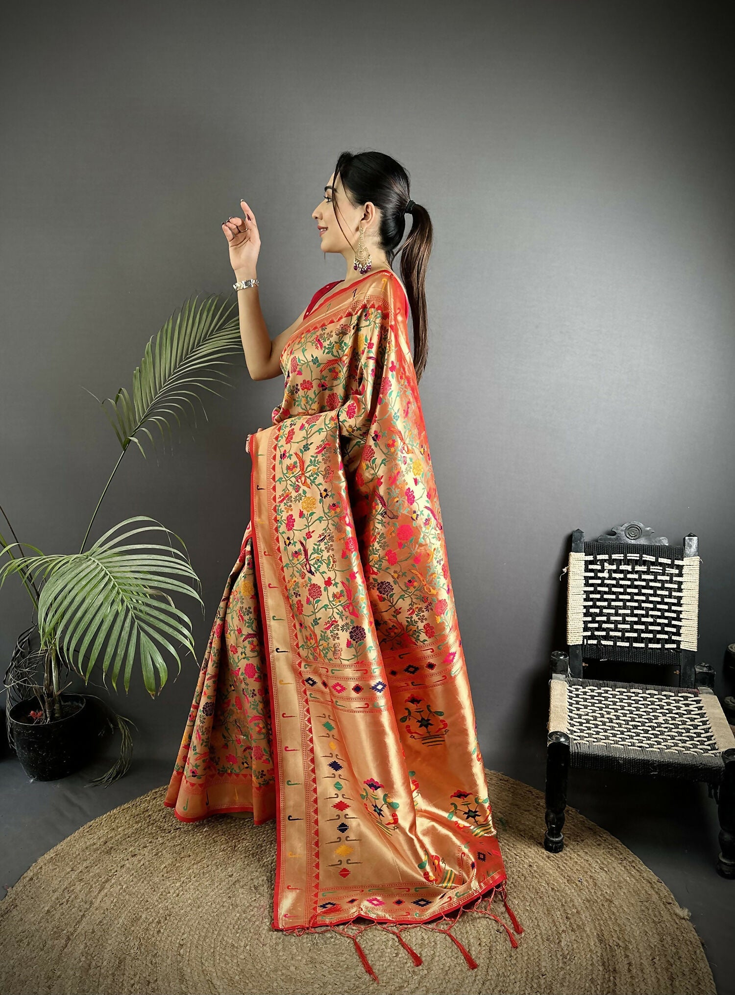 Joban Fashion Red Floral & Bird Motifs Soft Silk Paithani Saree