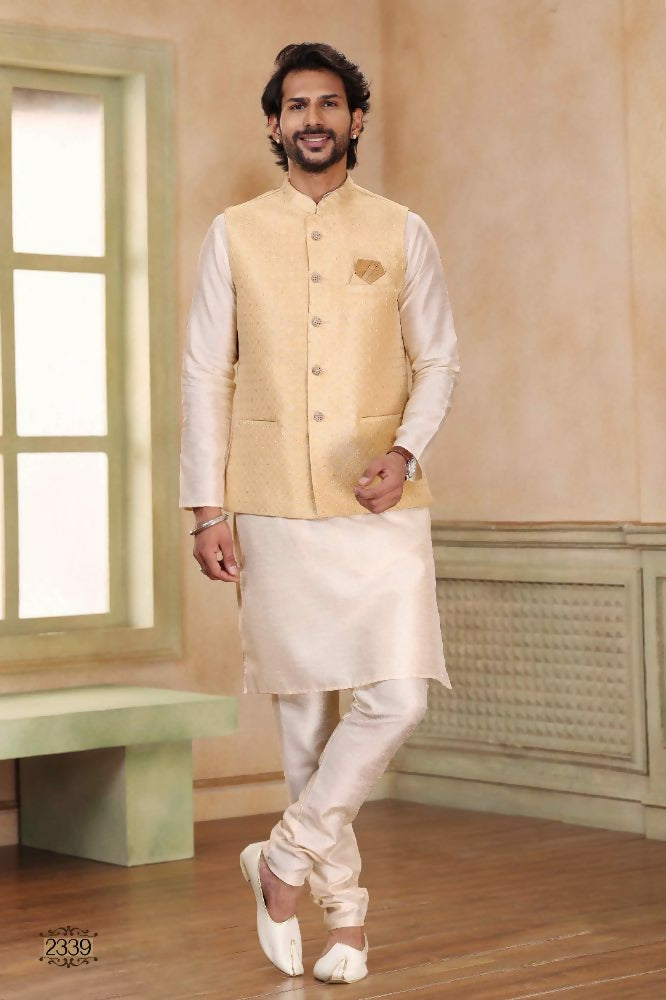 Raivat Ethnic Jacquard Banarasi Silk Woven Work 3 Pics Jacket Set In Beige Colour