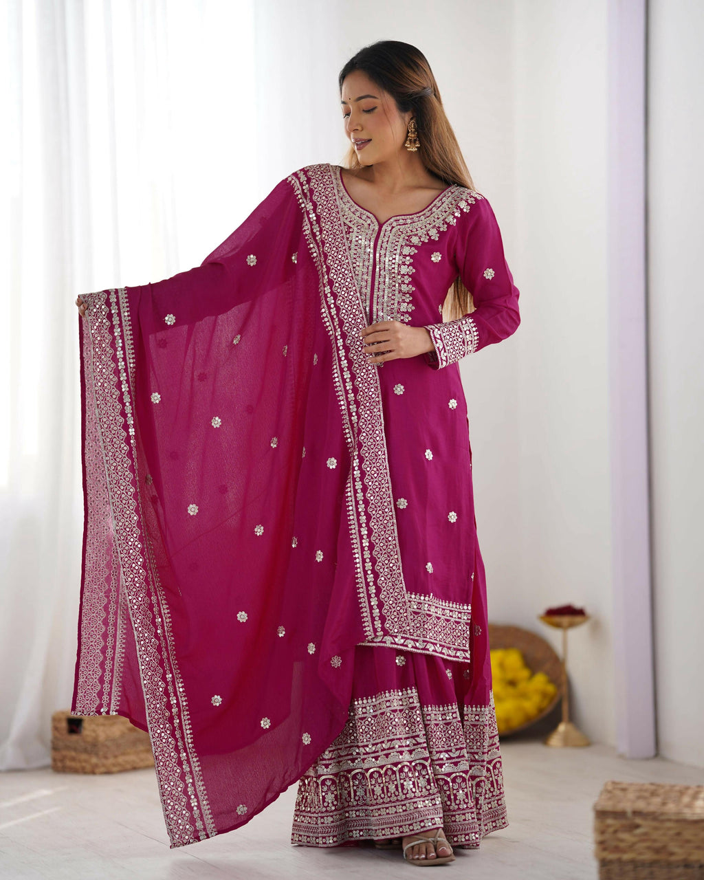 Joban Fashion Pink Kurta Set Silk Sequins , Zari, Coding & Thread Embroidered work