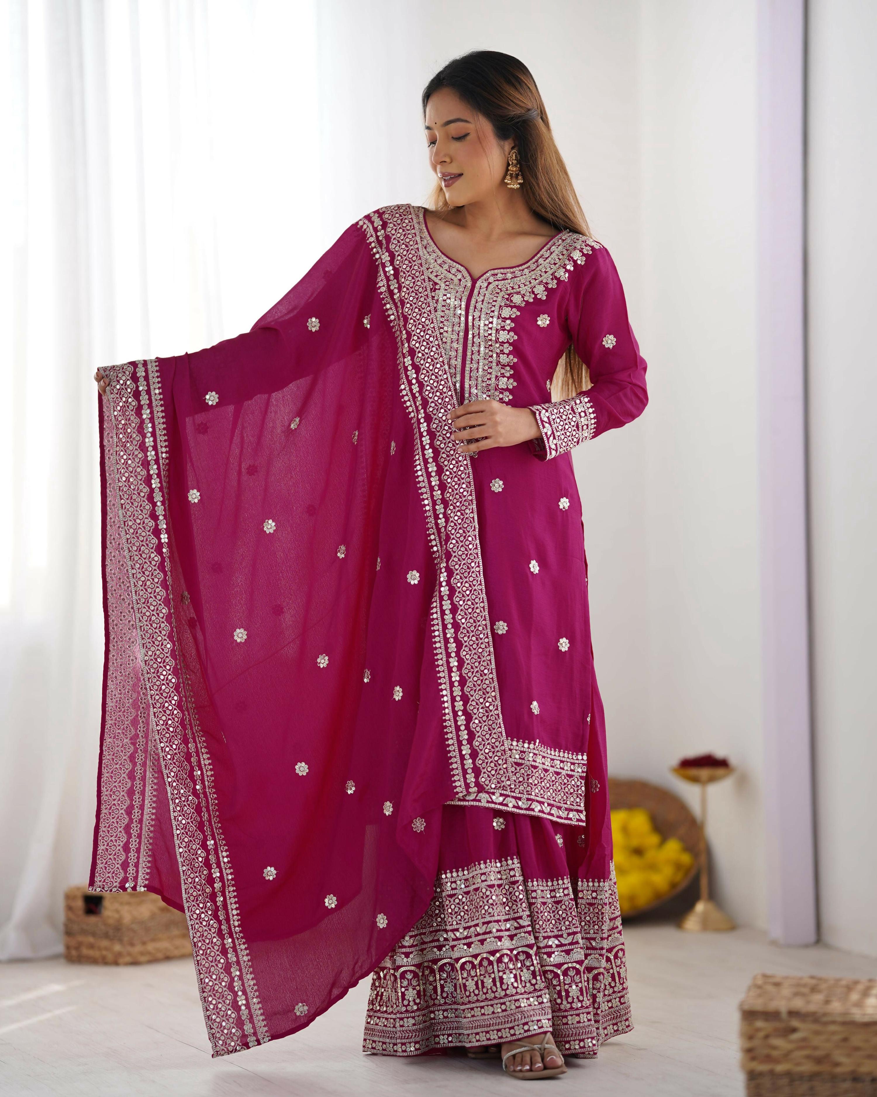 Joban Fashion Pink Kurta Set Silk Sequins , Zari, Coding & Thread Embroidered work