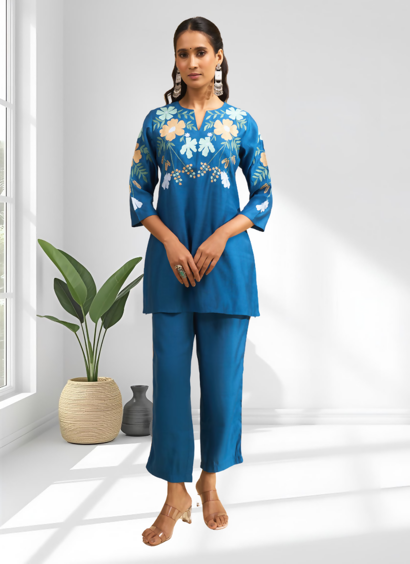 Joban Fashion Teal Silk Embroidered Readymade Cord Set