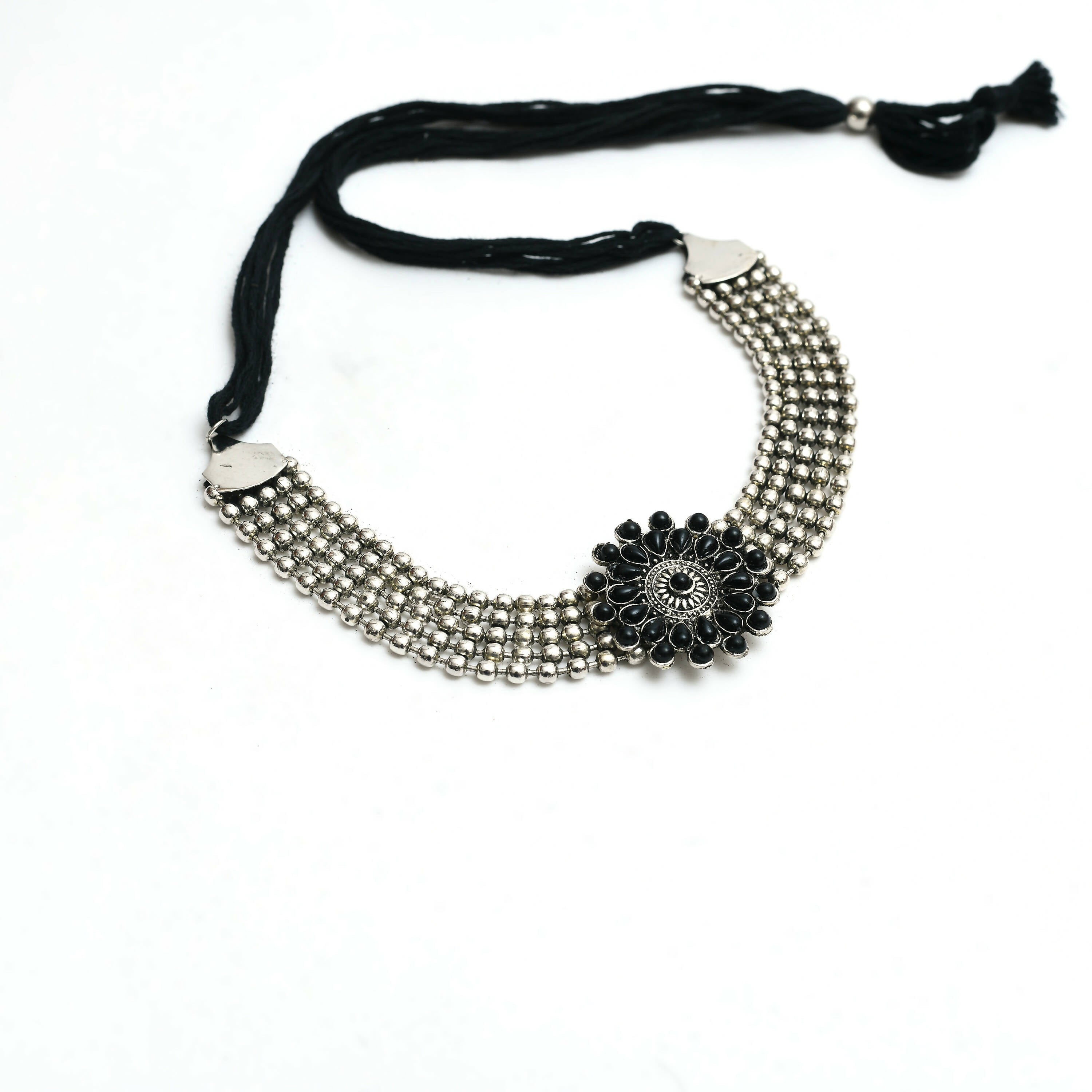 Mominos Fashion Johar Kamal Oxidised Silver-Plated Brass Finish Kundan Choker For Women (Black)
