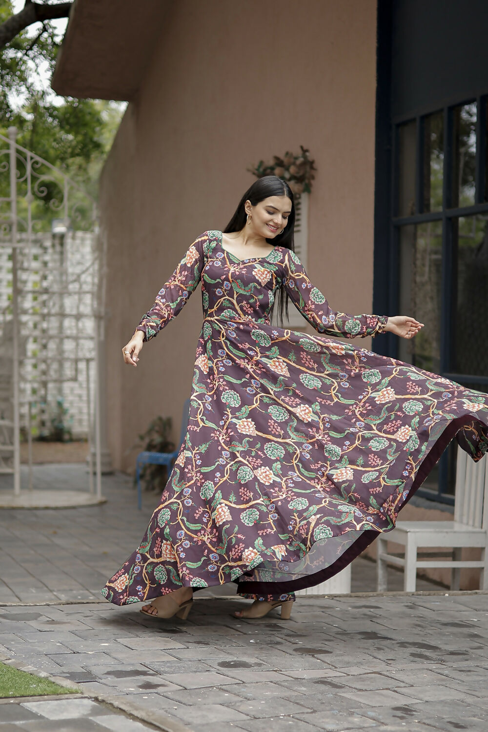 Aayaa Designer Printed Georgette Full Flare Gown With Dupatta - Multi Color