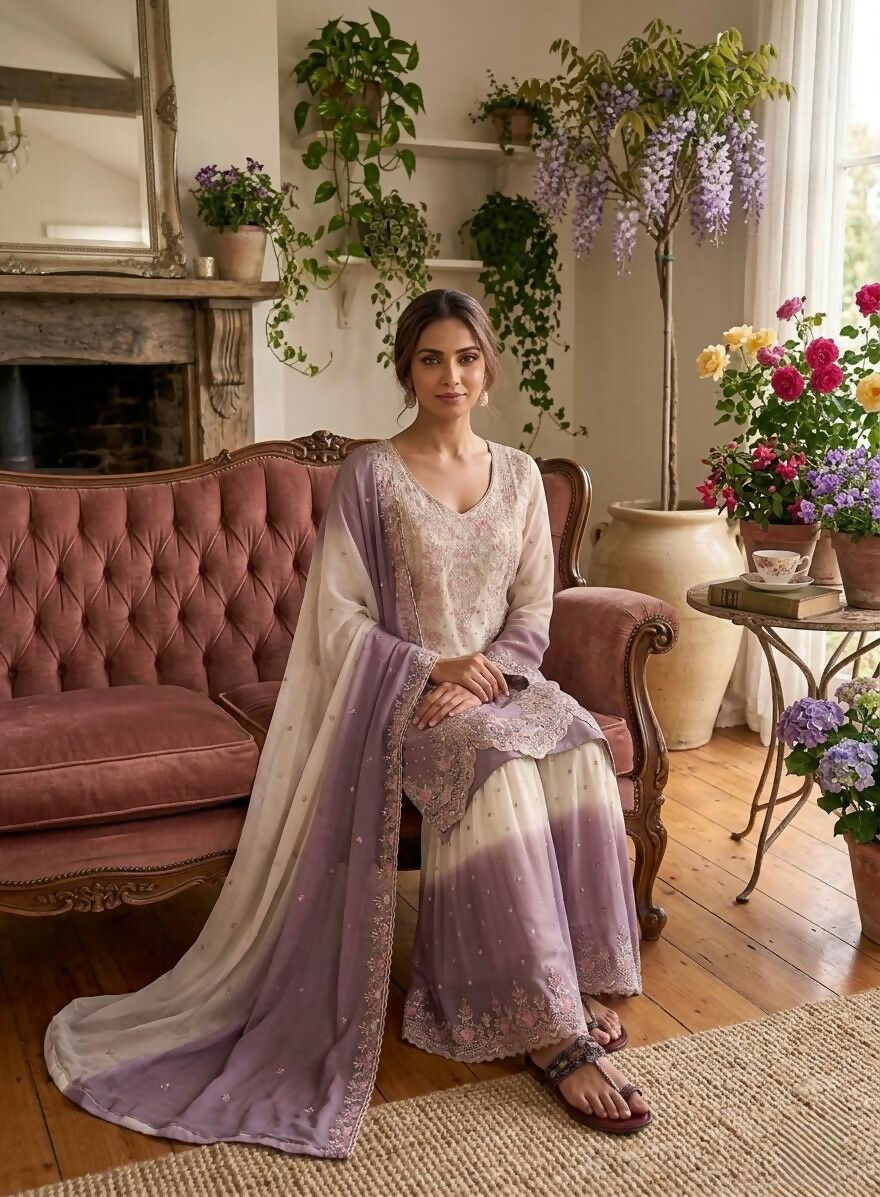 Teeya Creation New Trending Heavy Dual Tone Peding Star Georgette Purple Kurta Set