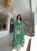 Teeya Creation Turquoise Pure Silk Gimmy Silk Heavy Embroidery Work Wedding Wear Palazzo Pair