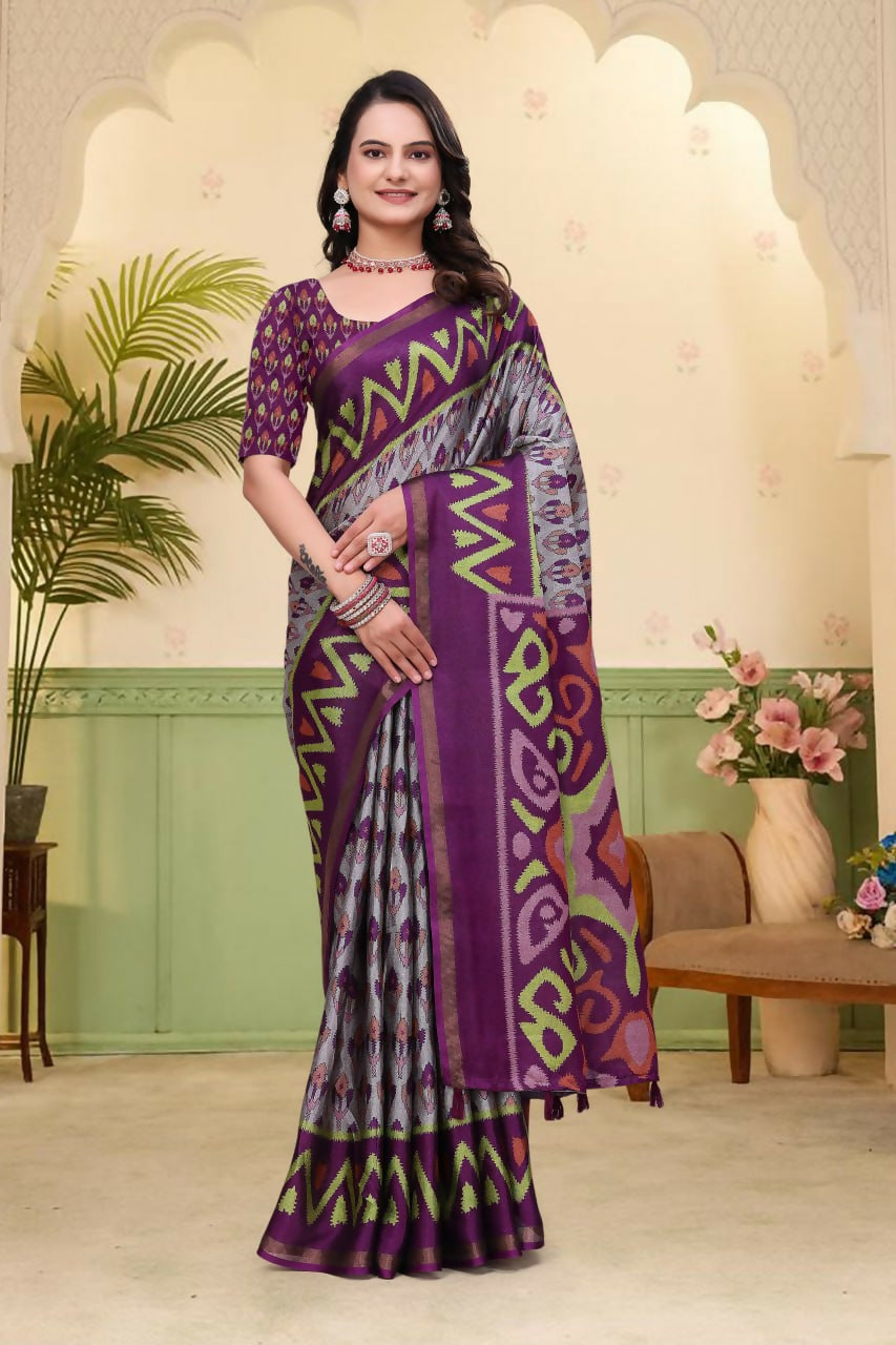 Prime Volt Mal Cotton Purple Ethnic Printed Saree with Designer Blouse Piece
