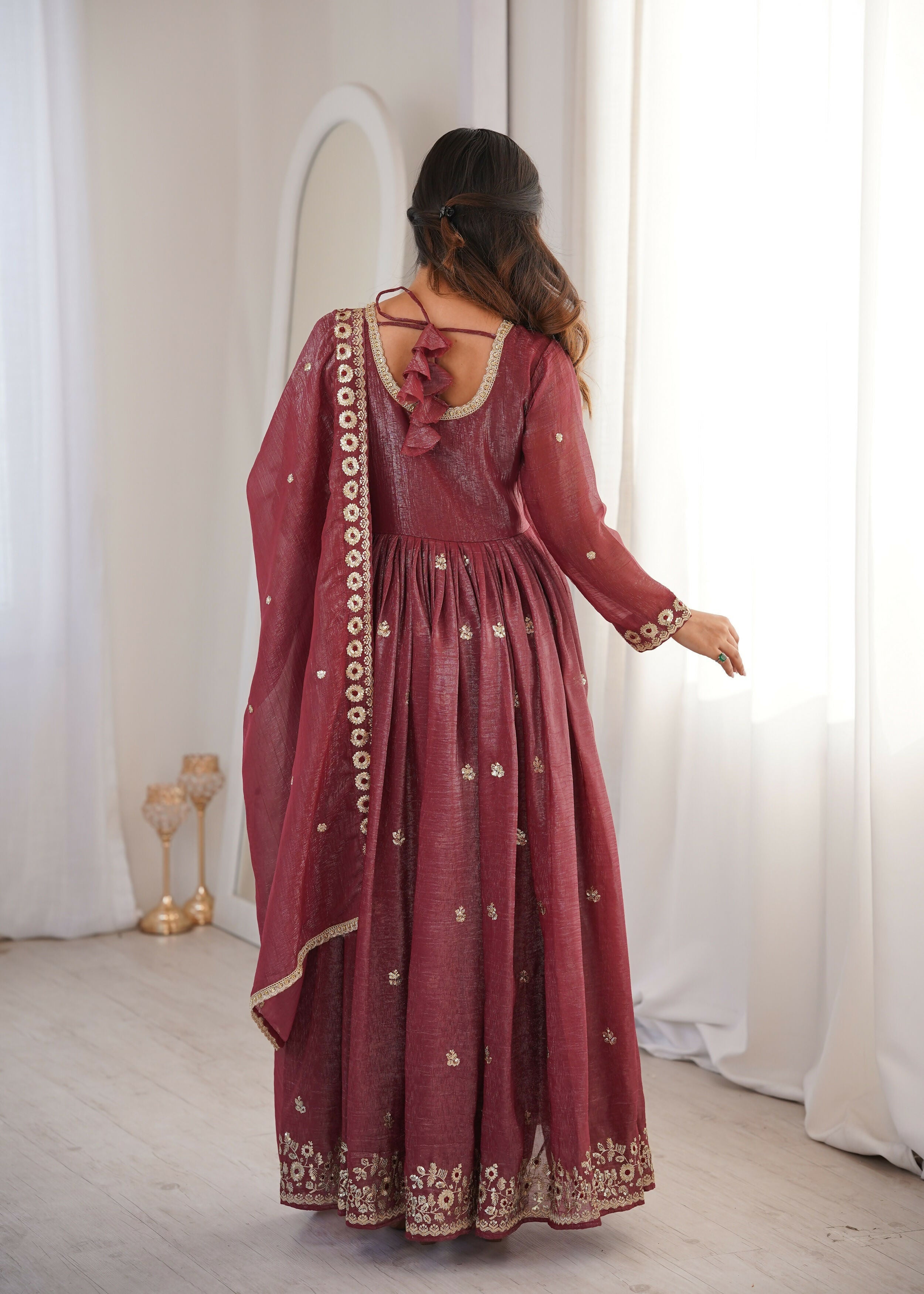 Teeya Creation Brown Crunchy Silk Wedding Wear Embroidery Work Design Gown