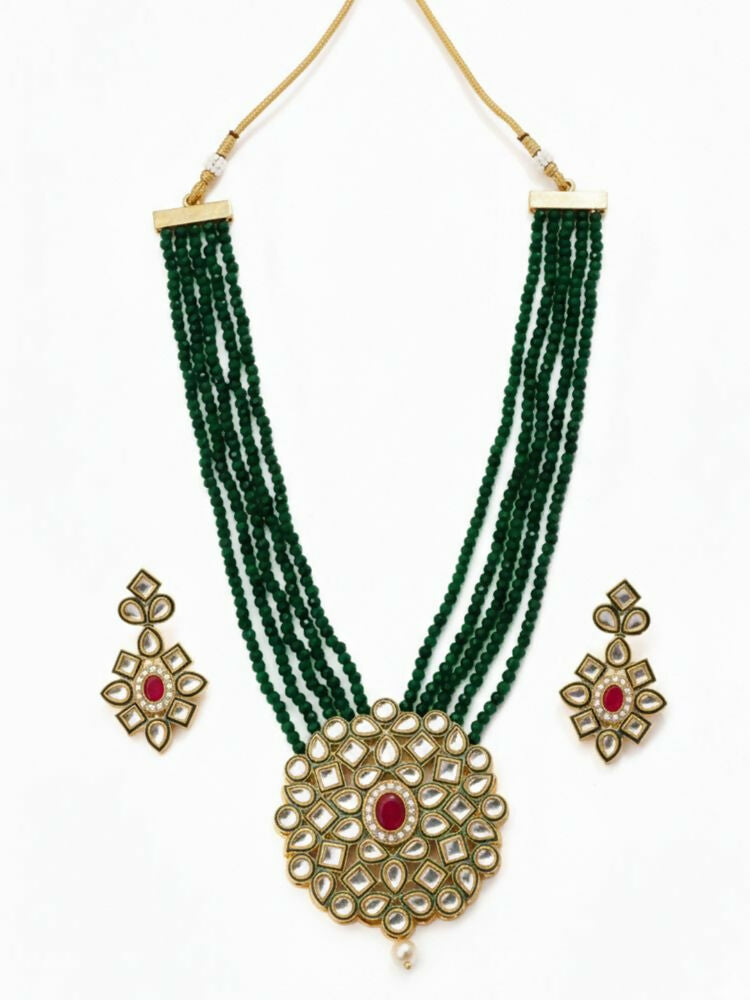 NVR Women Gold Plated Green Kundan Jewellery Set