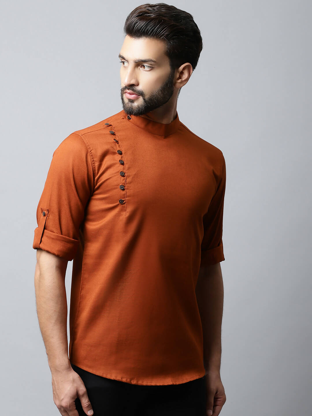 Even Apparels Brown Color Linen Pure Cotton Men's Kurta With Side Placket (SLD1137)
