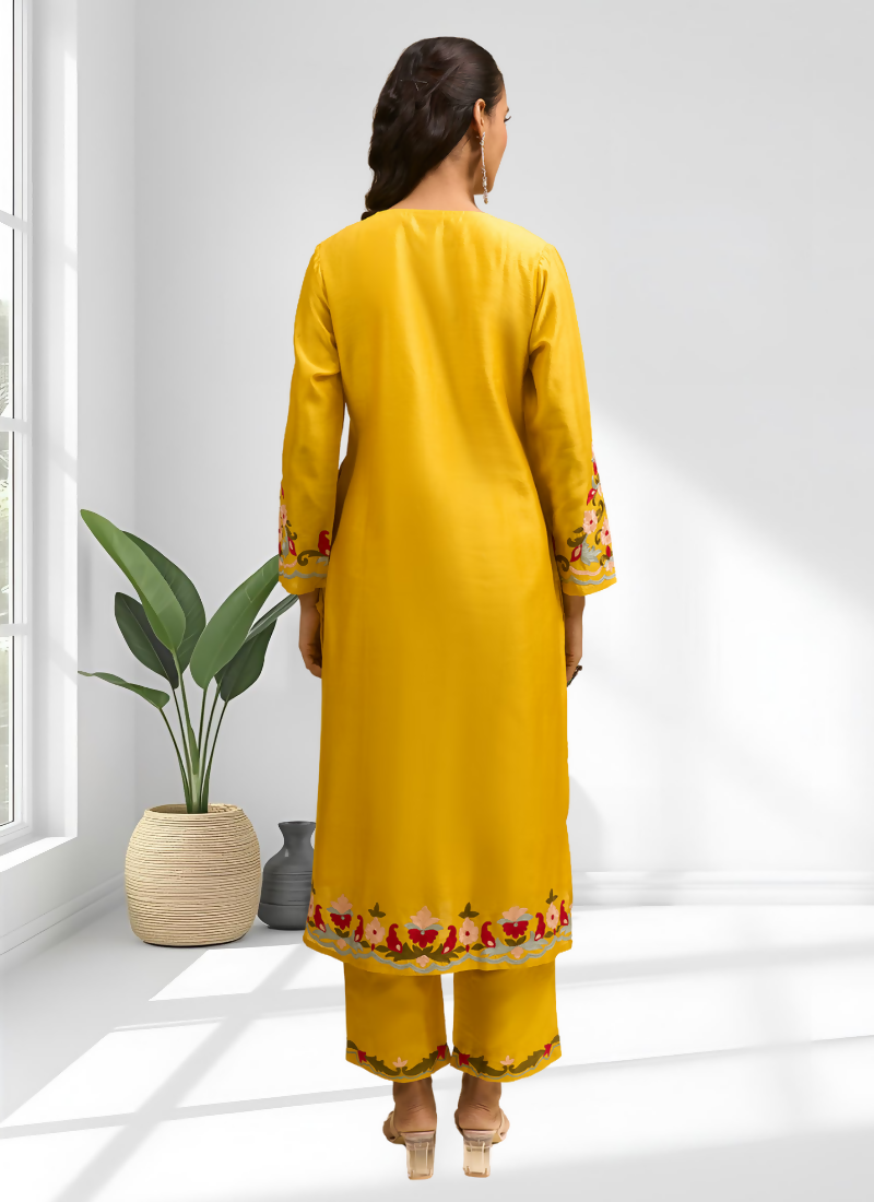 Joban Fashion Yellow Silk Embroidered Readymade Long Kurta With Pant