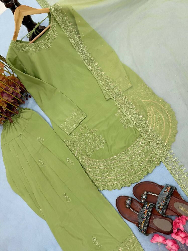 Teeya Creation Pista Color Natural Creap Silk Designer Fancy Party Wear Salwar Suit