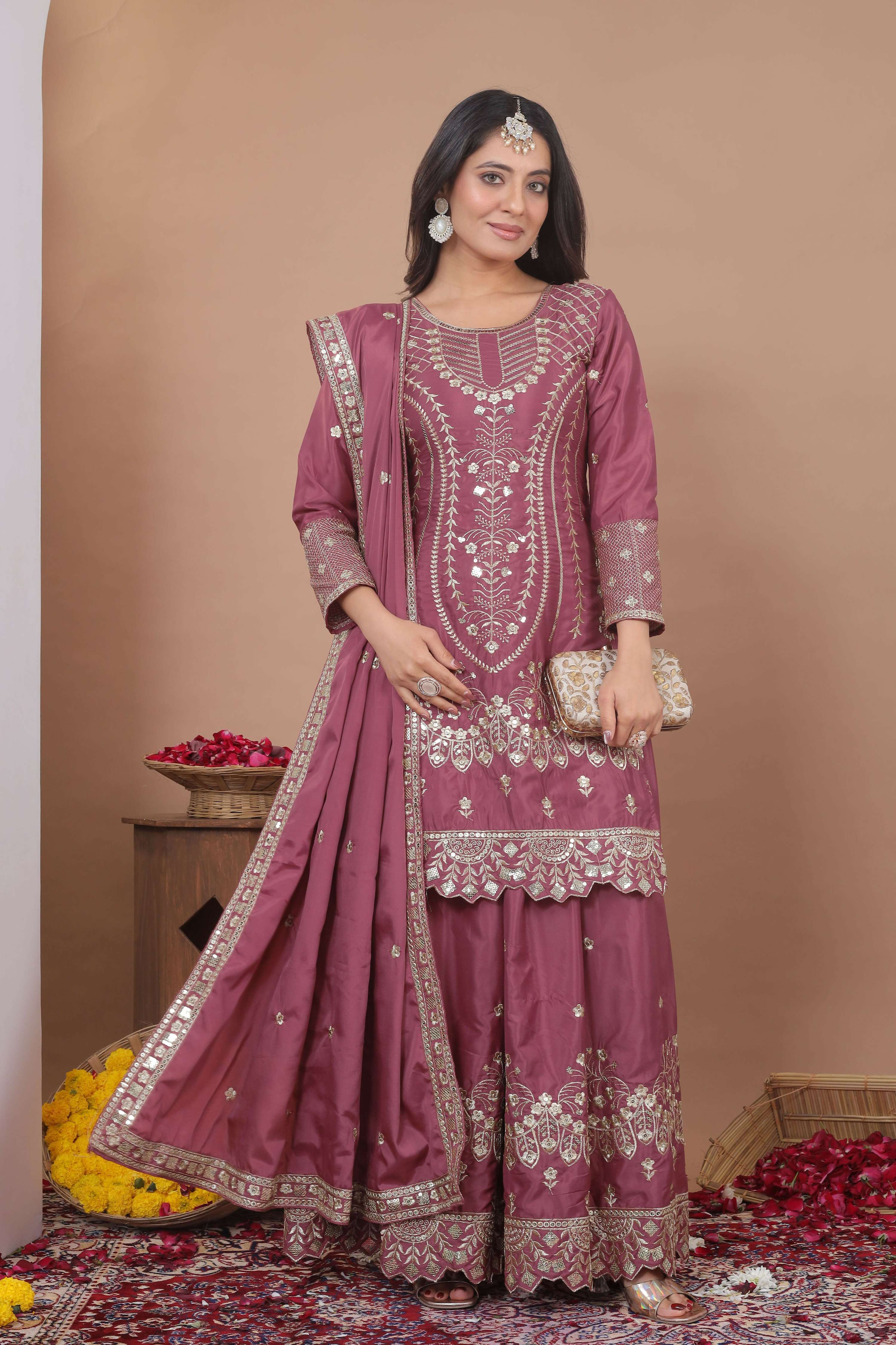 Lehenga Mart Designer Sharara Suit With Kurta, Sharara, Dupatta For Women-Mauve
