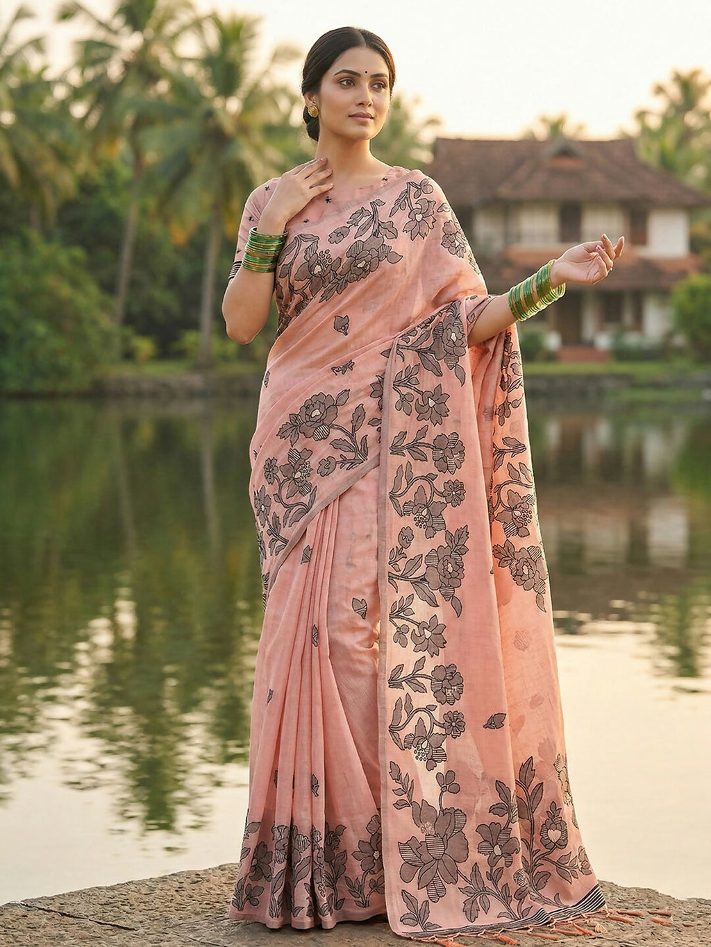 Shree Shyam Fashion Peach Linen Cotton Saree