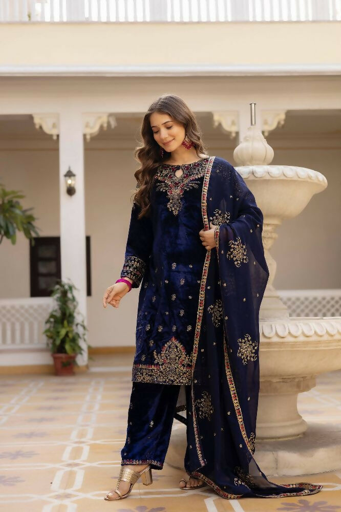 Teeya Creation Blue Color Pure Velvet Embroidery Work Wedding Wear Salwar Suit
