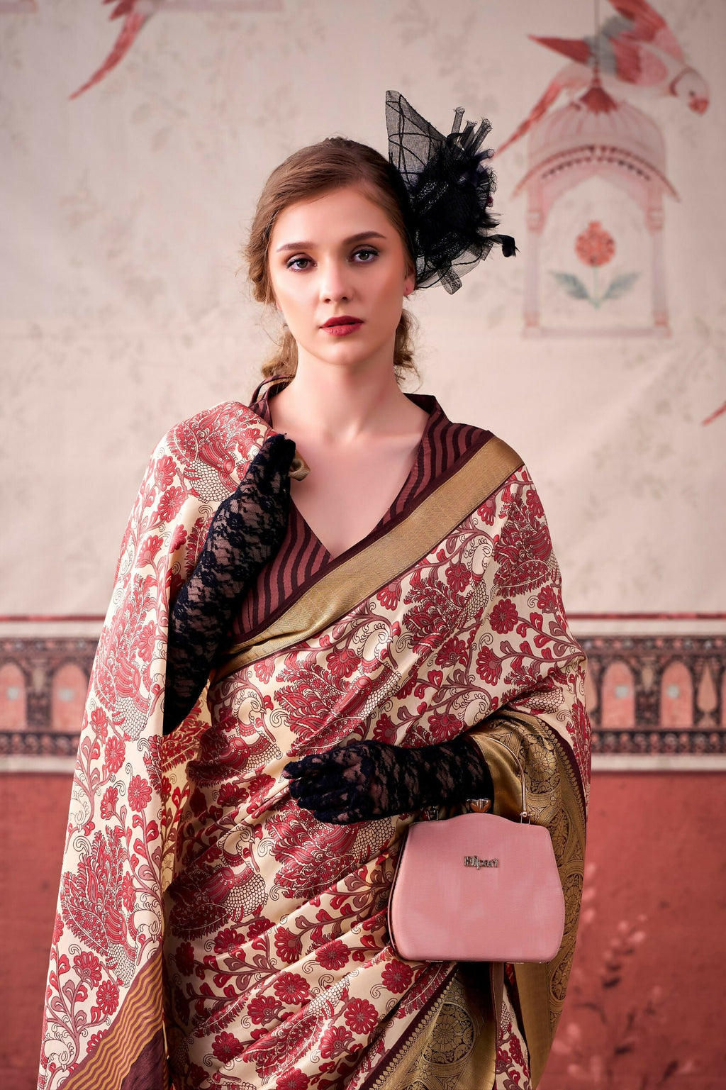 Vastranavya Pink Tussar Silk Printed with Viscose Border Saree & Unstitched Blouse