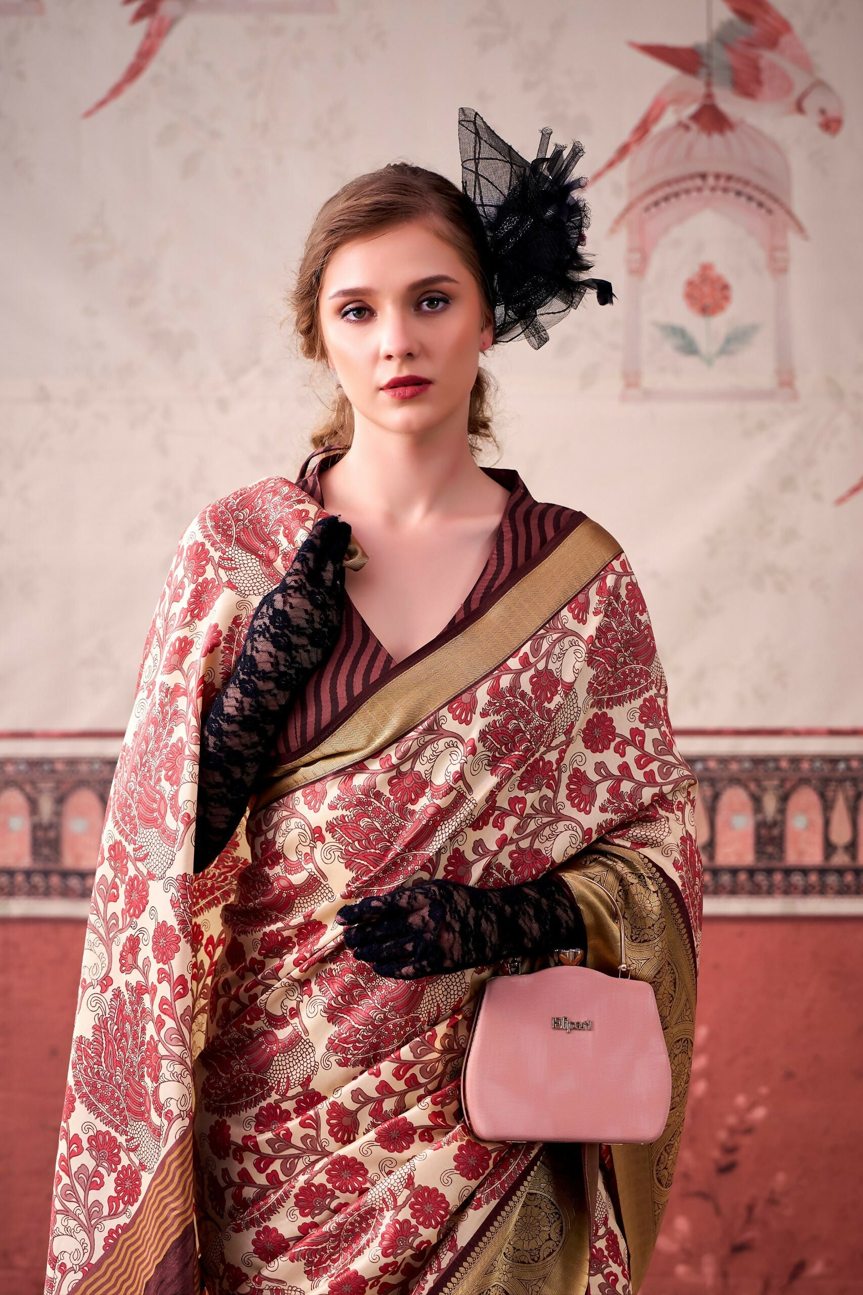 Vastranavya Pink Tussar Silk Printed with Viscose Border Saree & Unstitched Blouse